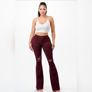 Distressed Flare Bellbottom Jeans - Burgundy
